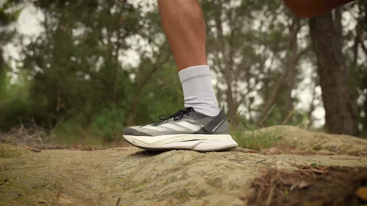 Zapatilla de trail running sobre una roca en el bosque